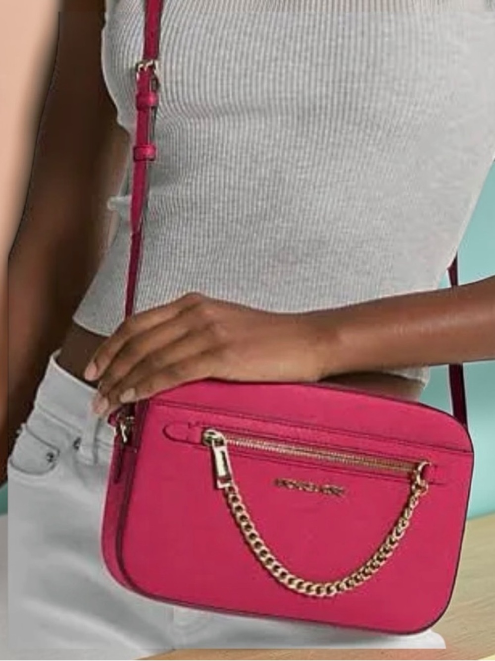 Michael Kors Hot Pink Saffiano Camera Crossbody with Gold Chain - Picture 9 of 12